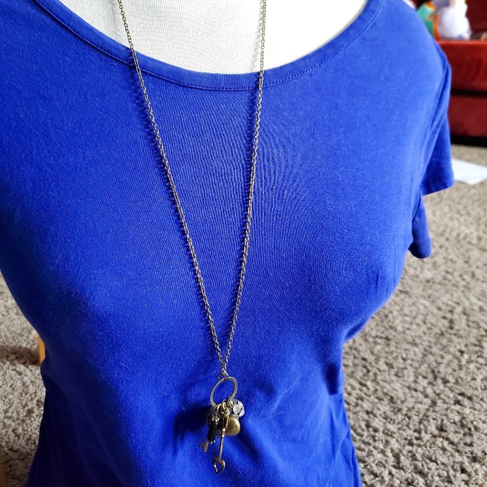 30" Long Bronze Heart and Key Cluster Pendant Necklace Love Theme Fashion Design